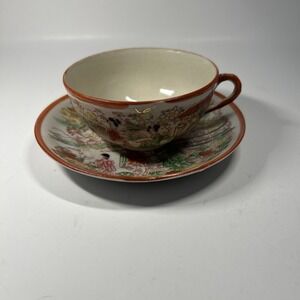Vintage Japanese Geisha Girl Garden Red Terracotta Color Tea‎ Cup Set